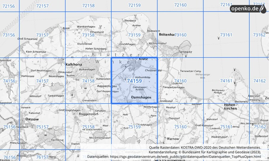 Übersichtskarte des KOSTRA-DWD-2020-Rasterfeldes Nr. 74159