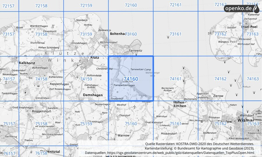 Übersichtskarte des KOSTRA-DWD-2020-Rasterfeldes Nr. 74160