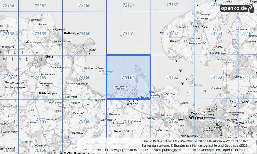 Übersichtskarte des KOSTRA-DWD-2020-Rasterfeldes Nr. 74161