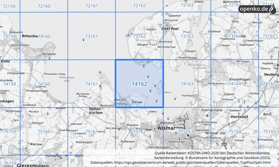 Übersichtskarte des KOSTRA-DWD-2020-Rasterfeldes Nr. 74162