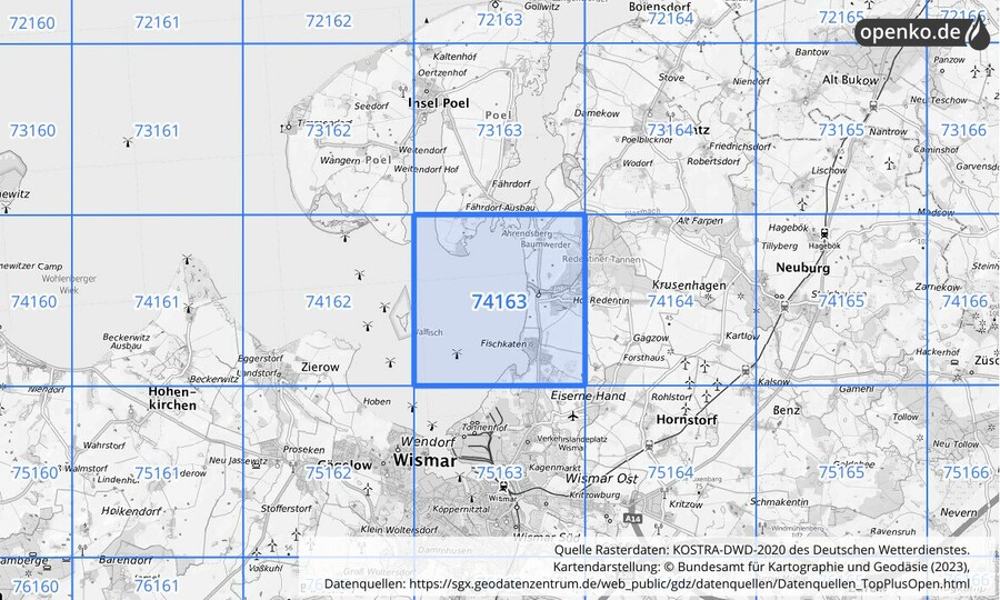 Übersichtskarte des KOSTRA-DWD-2020-Rasterfeldes Nr. 74163