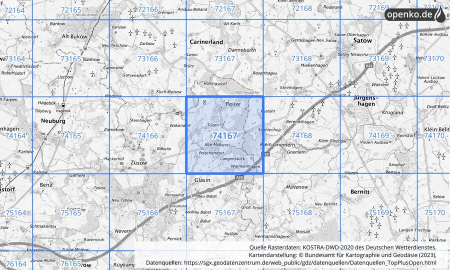 Übersichtskarte des KOSTRA-DWD-2020-Rasterfeldes Nr. 74167