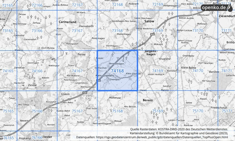 Übersichtskarte des KOSTRA-DWD-2020-Rasterfeldes Nr. 74168