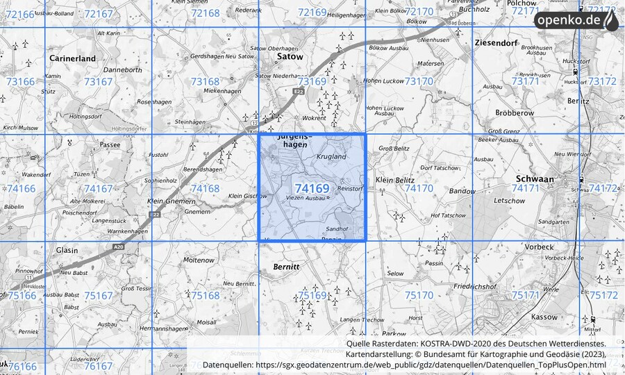 Übersichtskarte des KOSTRA-DWD-2020-Rasterfeldes Nr. 74169