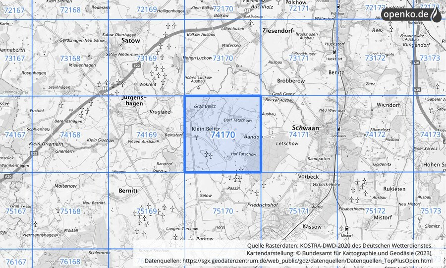 Übersichtskarte des KOSTRA-DWD-2020-Rasterfeldes Nr. 74170