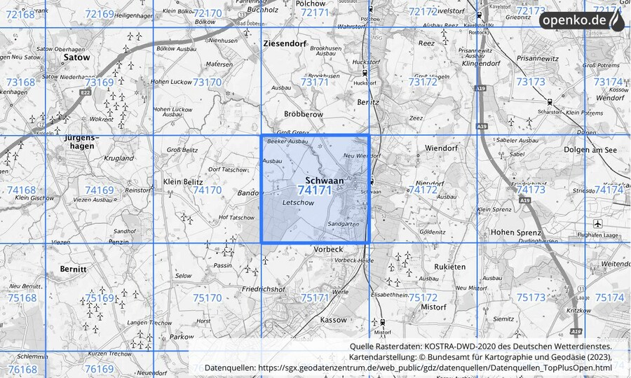 Übersichtskarte des KOSTRA-DWD-2020-Rasterfeldes Nr. 74171