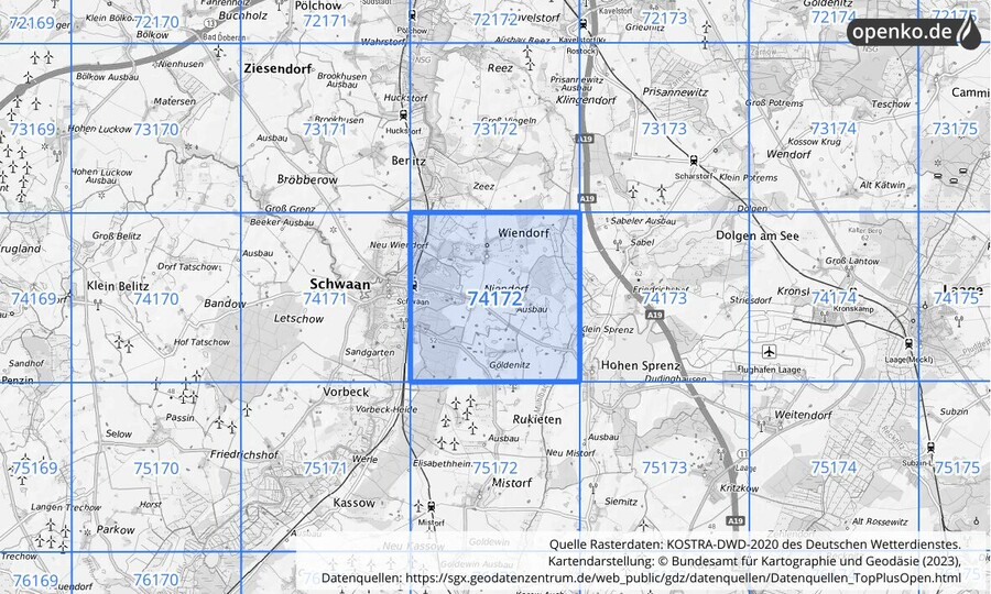 Übersichtskarte des KOSTRA-DWD-2020-Rasterfeldes Nr. 74172