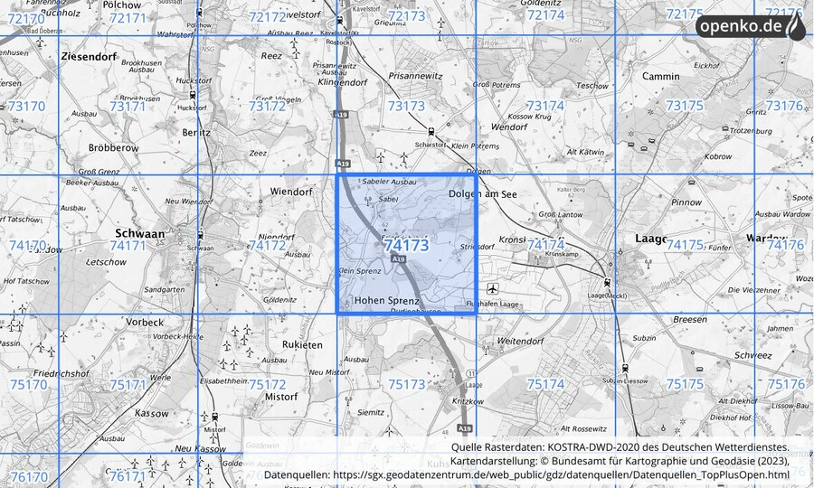 Übersichtskarte des KOSTRA-DWD-2020-Rasterfeldes Nr. 74173