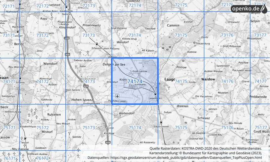 Übersichtskarte des KOSTRA-DWD-2020-Rasterfeldes Nr. 74174