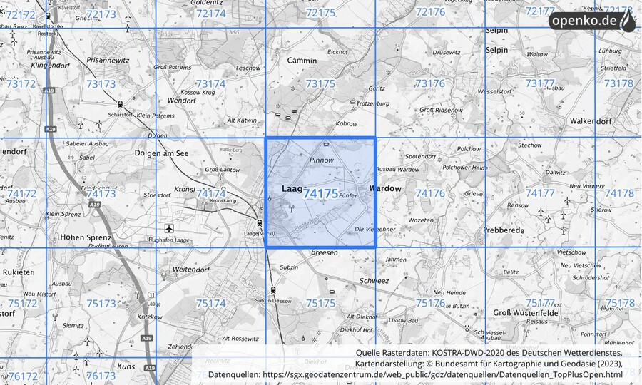 Übersichtskarte des KOSTRA-DWD-2020-Rasterfeldes Nr. 74175