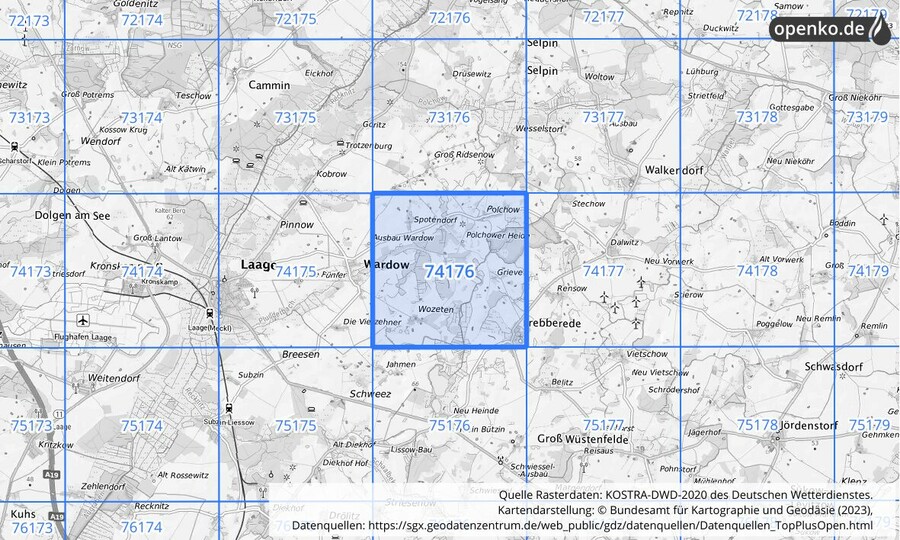 Übersichtskarte des KOSTRA-DWD-2020-Rasterfeldes Nr. 74176