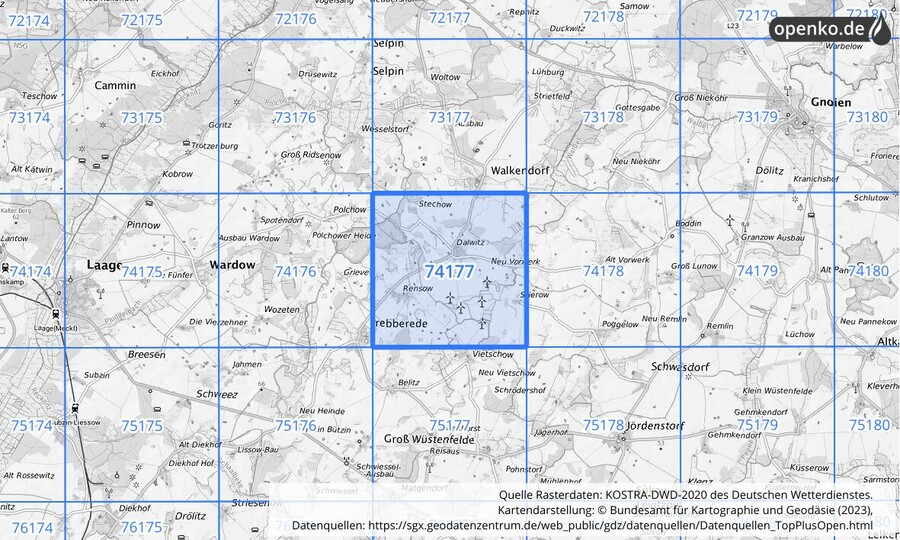 Übersichtskarte des KOSTRA-DWD-2020-Rasterfeldes Nr. 74177