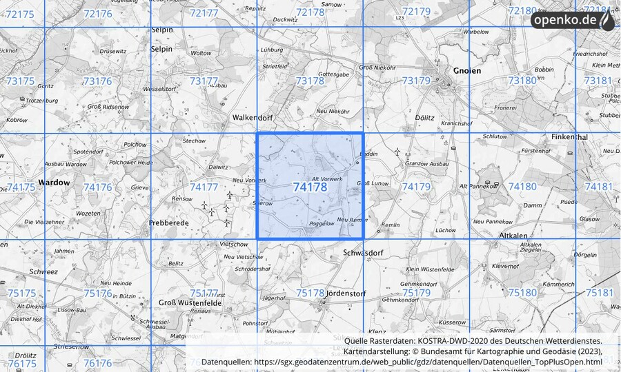 Übersichtskarte des KOSTRA-DWD-2020-Rasterfeldes Nr. 74178