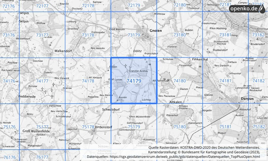 Übersichtskarte des KOSTRA-DWD-2020-Rasterfeldes Nr. 74179