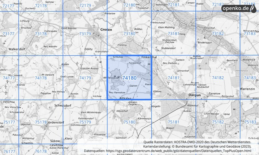 Übersichtskarte des KOSTRA-DWD-2020-Rasterfeldes Nr. 74180