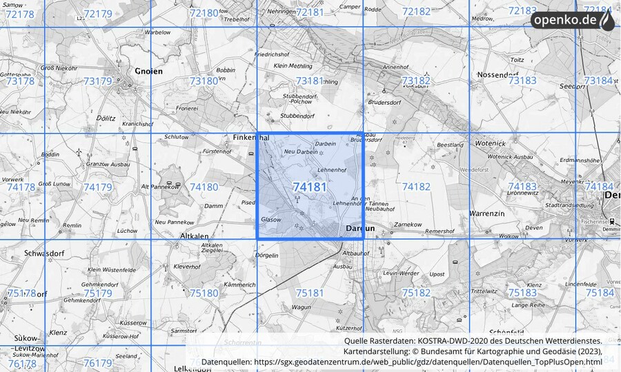 Übersichtskarte des KOSTRA-DWD-2020-Rasterfeldes Nr. 74181
