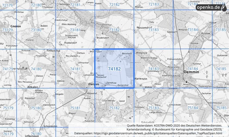 Übersichtskarte des KOSTRA-DWD-2020-Rasterfeldes Nr. 74182