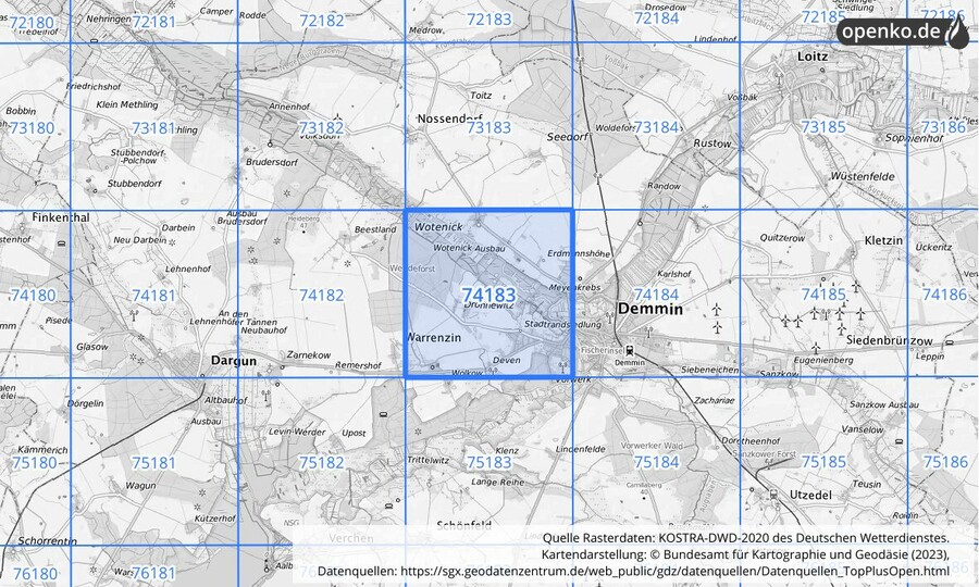 Übersichtskarte des KOSTRA-DWD-2020-Rasterfeldes Nr. 74183