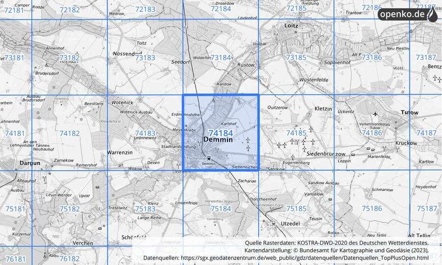 Übersichtskarte des KOSTRA-DWD-2020-Rasterfeldes Nr. 74184