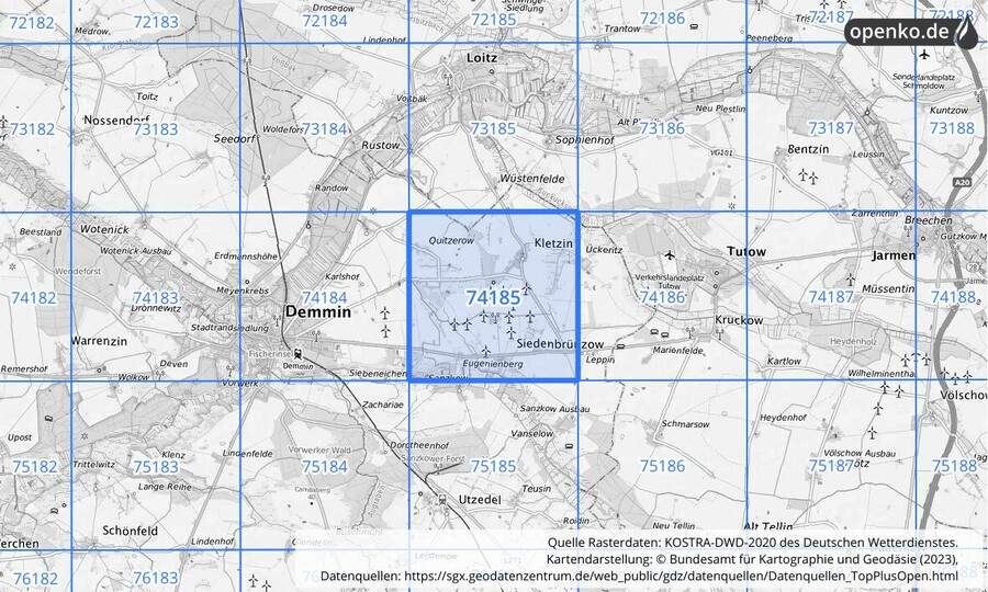 Übersichtskarte des KOSTRA-DWD-2020-Rasterfeldes Nr. 74185