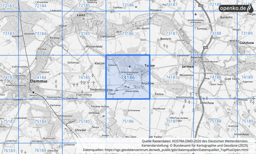 Übersichtskarte des KOSTRA-DWD-2020-Rasterfeldes Nr. 74186