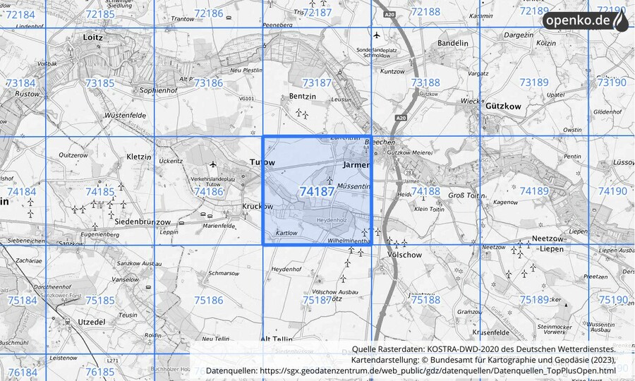 Übersichtskarte des KOSTRA-DWD-2020-Rasterfeldes Nr. 74187