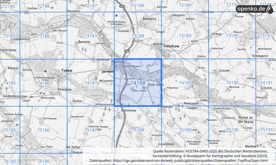 Übersichtskarte des KOSTRA-DWD-2020-Rasterfeldes Nr. 74188