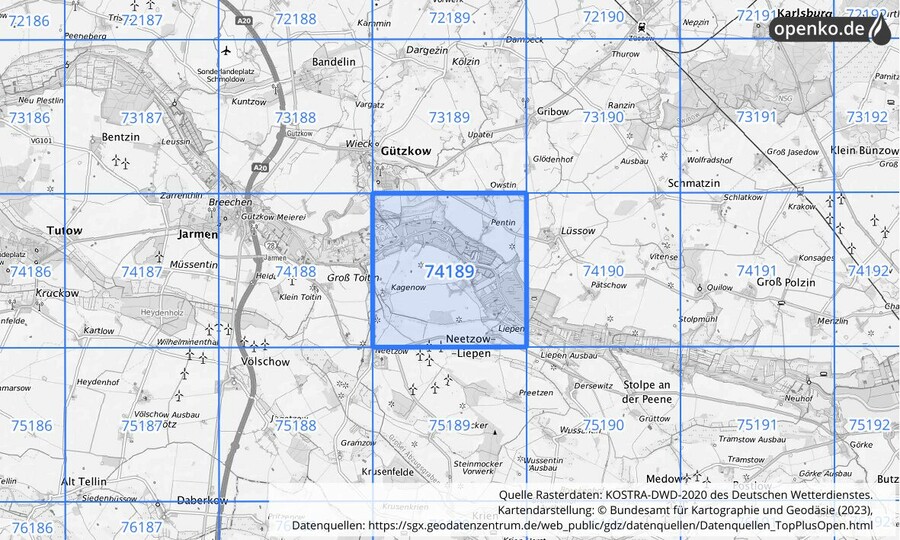 Übersichtskarte des KOSTRA-DWD-2020-Rasterfeldes Nr. 74189
