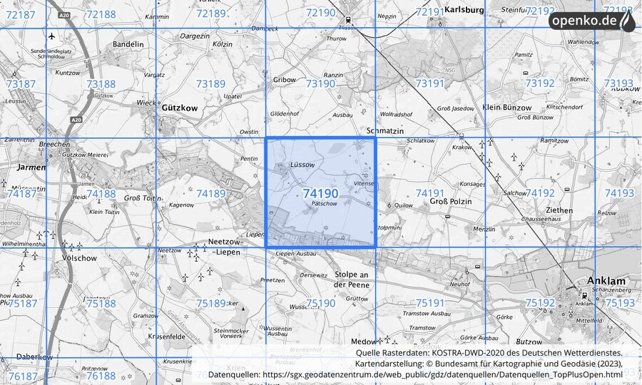 Übersichtskarte des KOSTRA-DWD-2020-Rasterfeldes Nr. 74190