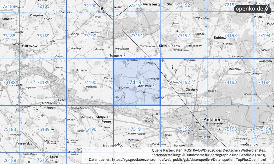 Übersichtskarte des KOSTRA-DWD-2020-Rasterfeldes Nr. 74191
