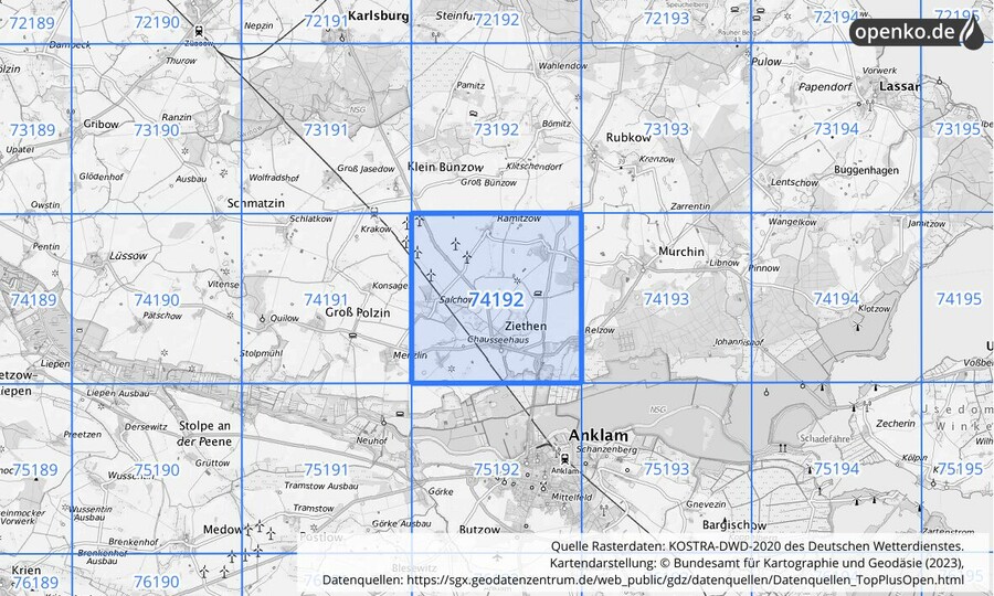 Übersichtskarte des KOSTRA-DWD-2020-Rasterfeldes Nr. 74192