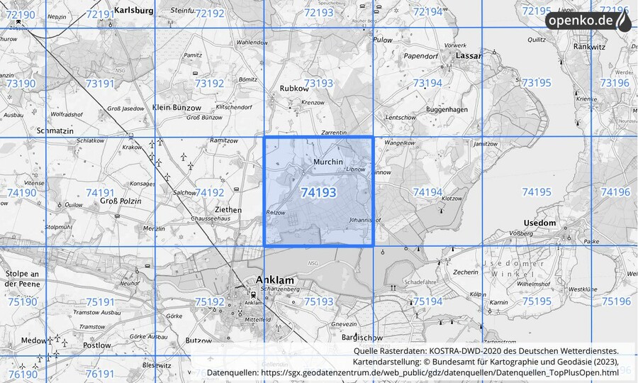 Übersichtskarte des KOSTRA-DWD-2020-Rasterfeldes Nr. 74193