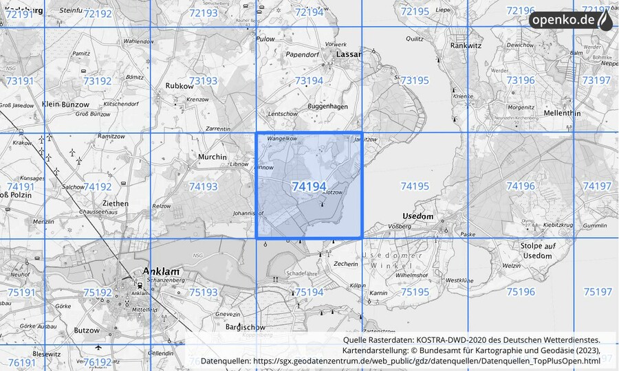 Übersichtskarte des KOSTRA-DWD-2020-Rasterfeldes Nr. 74194