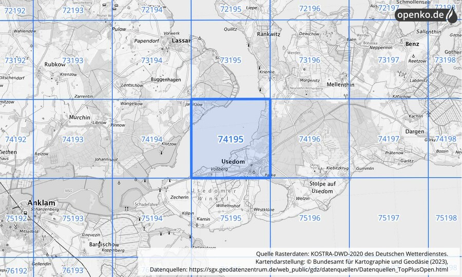 Übersichtskarte des KOSTRA-DWD-2020-Rasterfeldes Nr. 74195