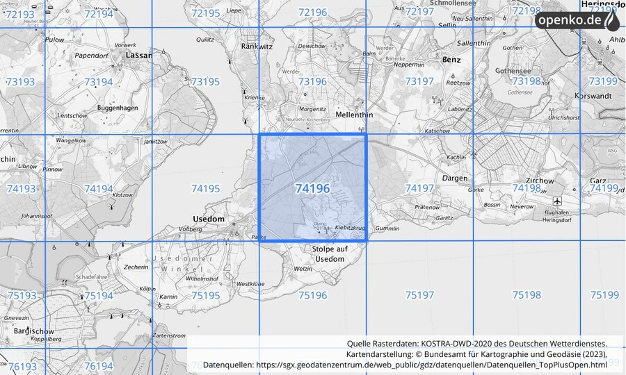 Übersichtskarte des KOSTRA-DWD-2020-Rasterfeldes Nr. 74196