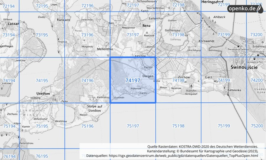 Übersichtskarte des KOSTRA-DWD-2020-Rasterfeldes Nr. 74197