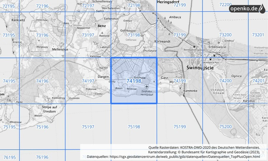 Übersichtskarte des KOSTRA-DWD-2020-Rasterfeldes Nr. 74198