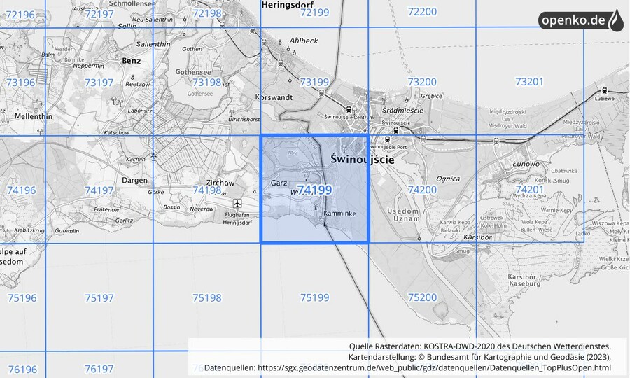 Übersichtskarte des KOSTRA-DWD-2020-Rasterfeldes Nr. 74199