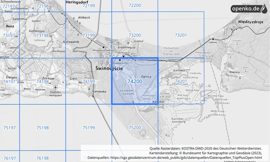 Übersichtskarte des KOSTRA-DWD-2020-Rasterfeldes Nr. 74200