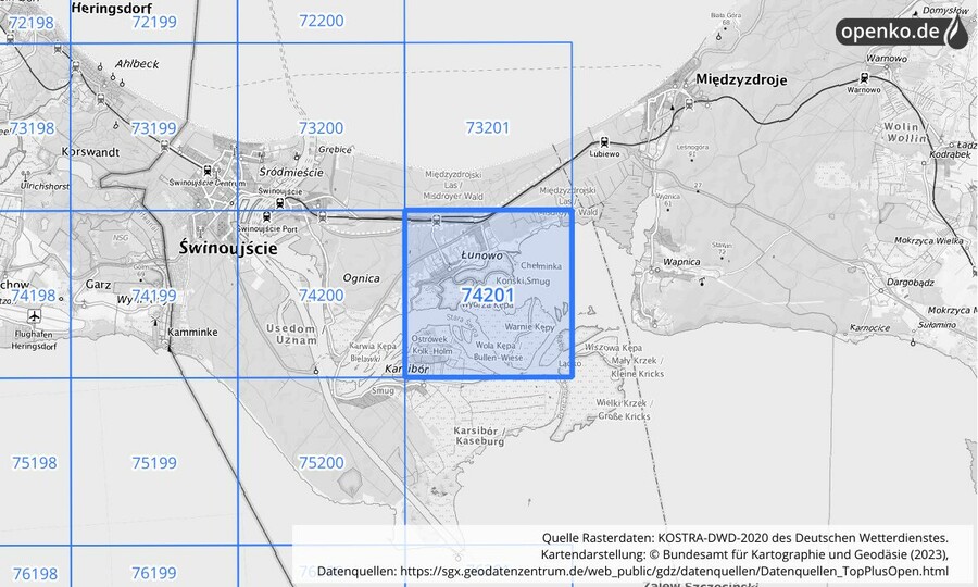 Übersichtskarte des KOSTRA-DWD-2020-Rasterfeldes Nr. 74201