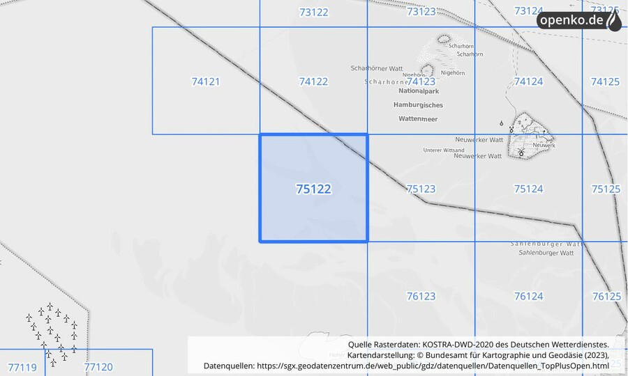 Übersichtskarte des KOSTRA-DWD-2020-Rasterfeldes Nr. 75122