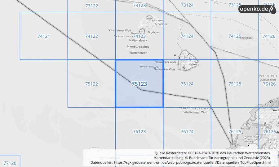 Übersichtskarte des KOSTRA-DWD-2020-Rasterfeldes Nr. 75123