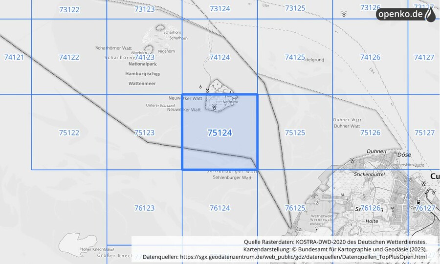 Übersichtskarte des KOSTRA-DWD-2020-Rasterfeldes Nr. 75124