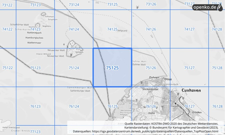 Übersichtskarte des KOSTRA-DWD-2020-Rasterfeldes Nr. 75125