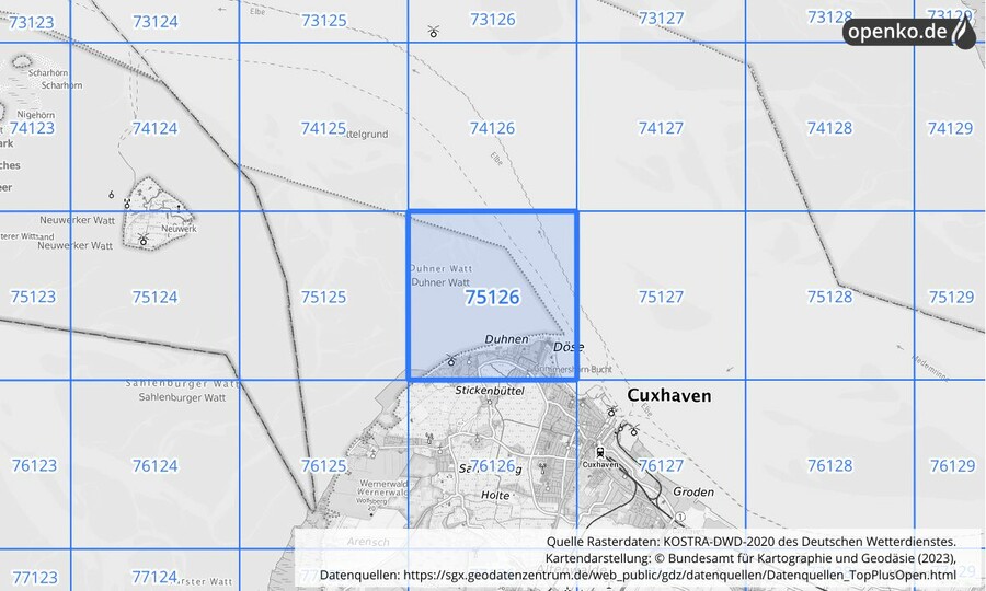 Übersichtskarte des KOSTRA-DWD-2020-Rasterfeldes Nr. 75126