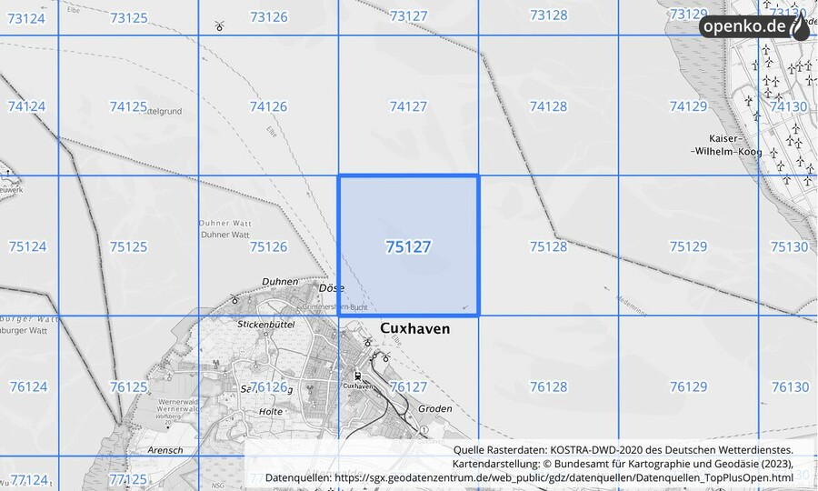 Übersichtskarte des KOSTRA-DWD-2020-Rasterfeldes Nr. 75127