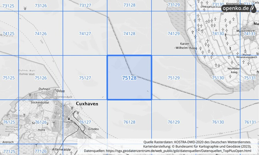 Übersichtskarte des KOSTRA-DWD-2020-Rasterfeldes Nr. 75128