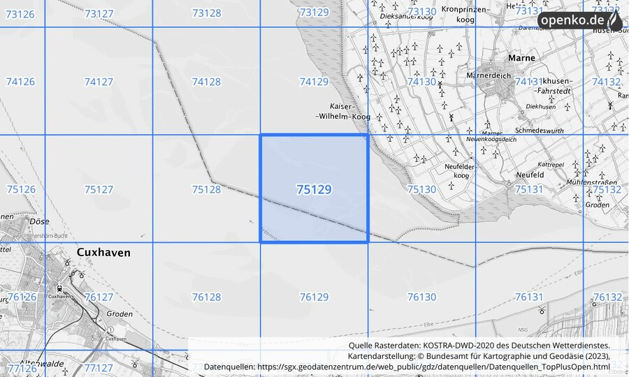 Übersichtskarte des KOSTRA-DWD-2020-Rasterfeldes Nr. 75129