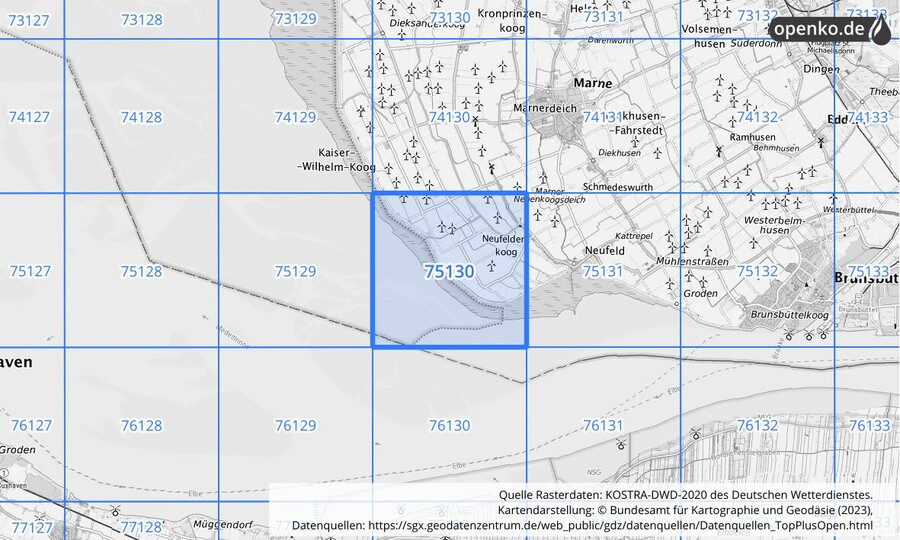 Übersichtskarte des KOSTRA-DWD-2020-Rasterfeldes Nr. 75130