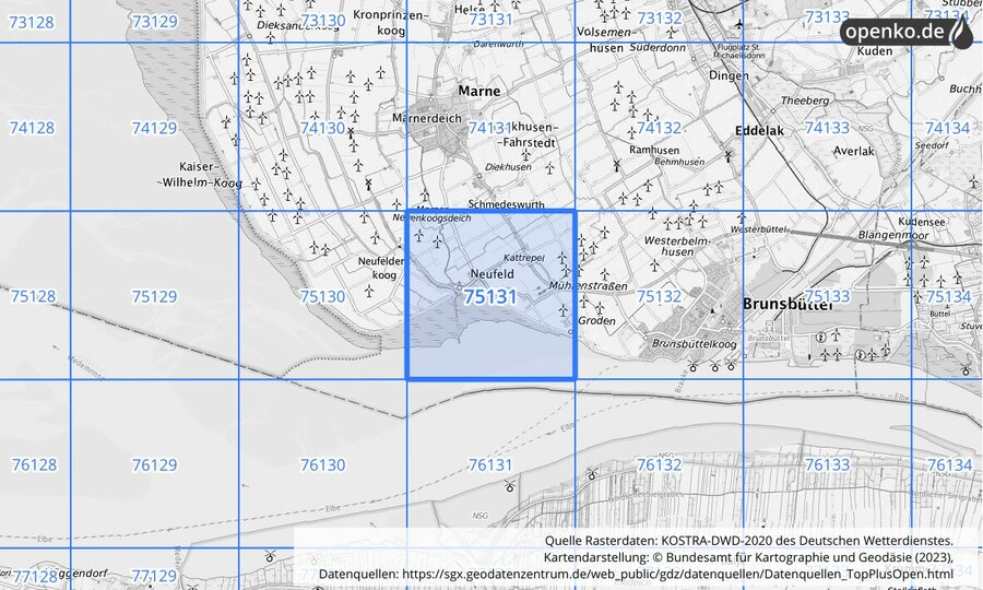 Übersichtskarte des KOSTRA-DWD-2020-Rasterfeldes Nr. 75131